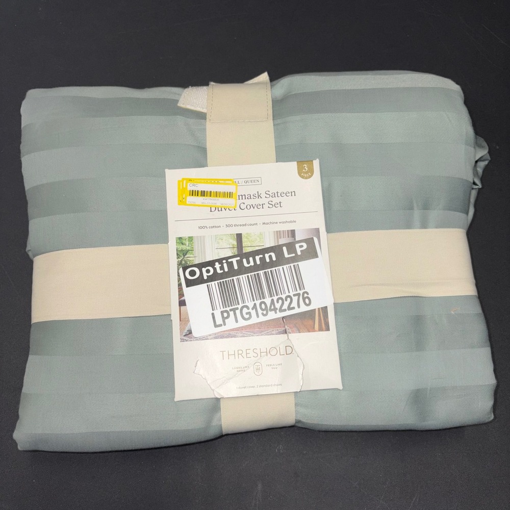 Threshold Damask Sateen Duvet Cover Set Full Queen 3pc Sage Green 300TC Cotton